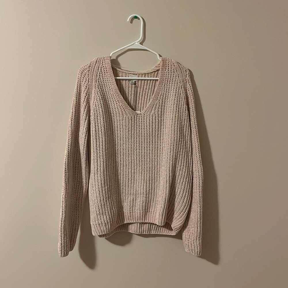 Chunky Oversized Woven Pink V-Neck Sweater, Size L, NWT